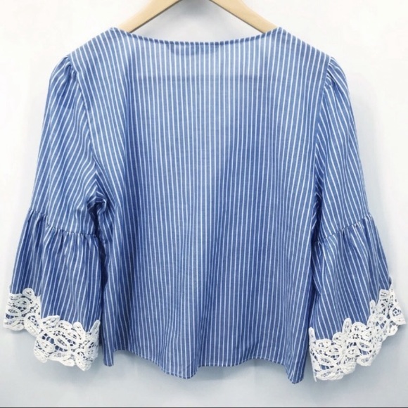 Zara Top Blouse Bell Sleeve Chambray Boho Lace Size Small Blue - Picture 4 of 8